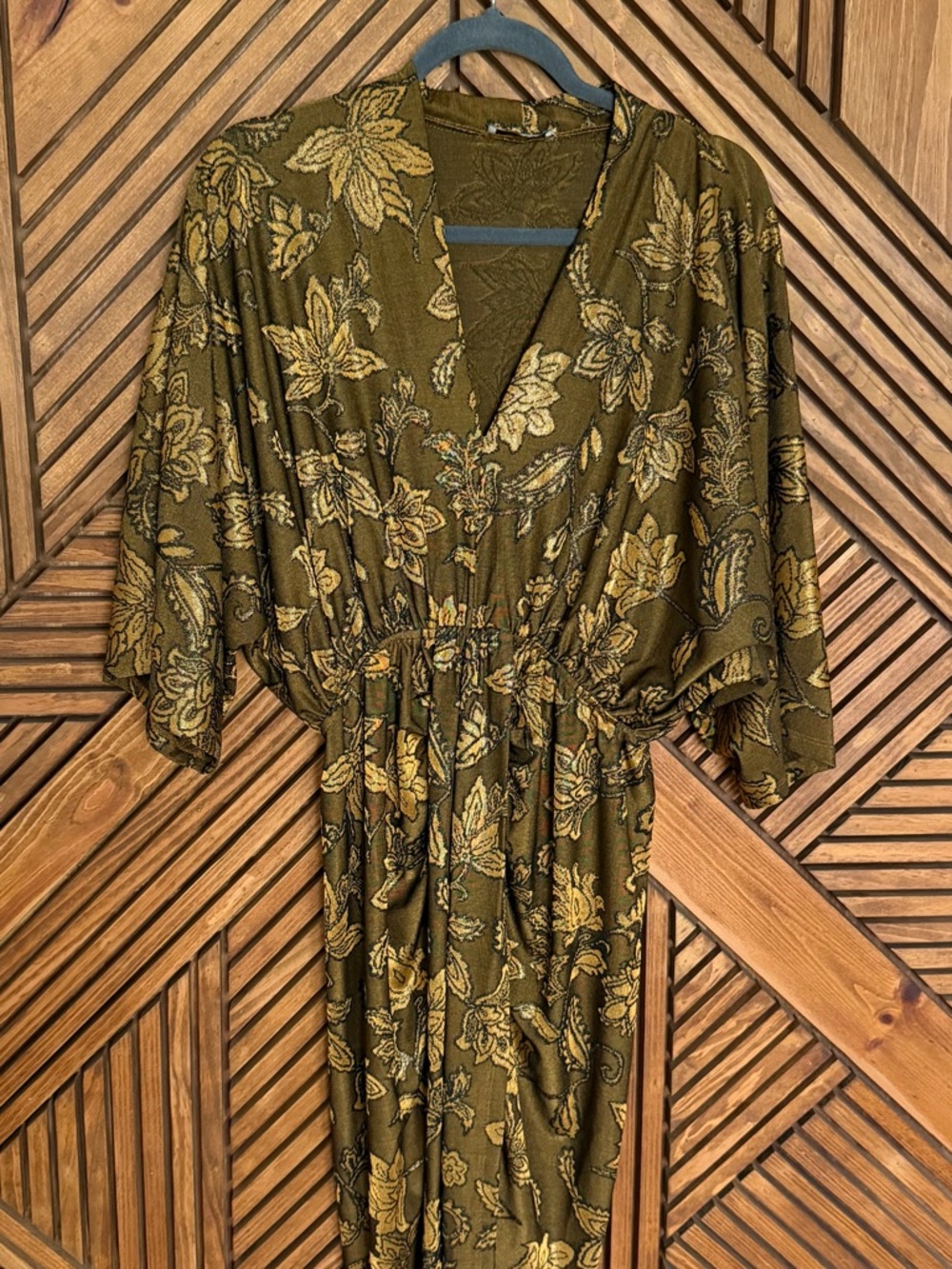 Dress Forum Knit Floral Plunging ruched midi dress, gold and black-size S